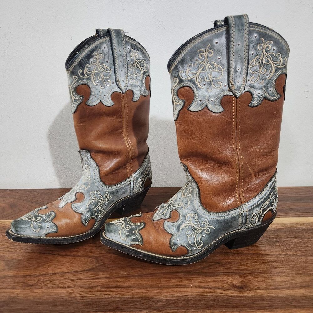 Rockin Country Leather Studded Cowboy Boots Brown Size 7M Distressed Western